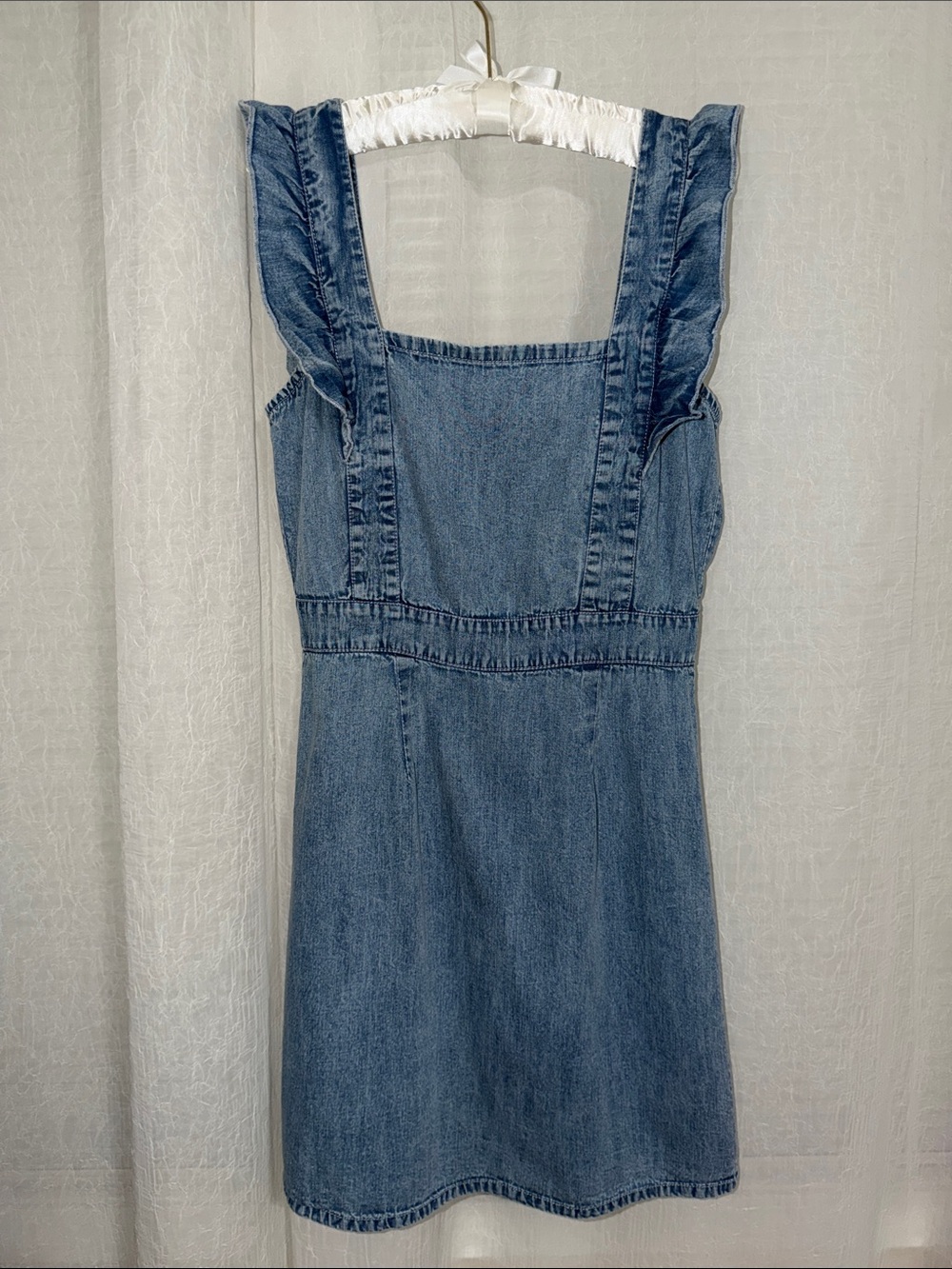 Japna M Chambray Blue ruffle straps gathered back overall dress